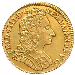 1/2 Courant-Dukat 1715, Kopenhagen. Geharn. Brb. n.r./Krone über ...
