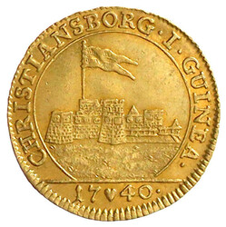 Guinea-Dukat 1740, Kopenhagen. Mit der Festung Christiansborg in ...