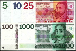 De Nederlandsche Bank 5, 10, 25, 100 u. 1000 Gulden 1968 - 1972. I- / ...