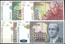 Banco de Espana, 1000, 2000, 5000 u. 10000 Pesetas 1992. bis auf 5000 ...