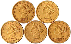 5 verschiedene 5 Dollars: 1880, 1881, 1882, 1886 Philadelphia und ...