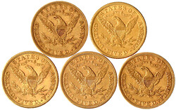 5 verschiedene 5 Dollars: 1880, 1881, 1882, 1886 Philadelphia und ...