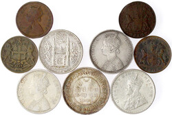 9 Münzen, u.a. Hyderabad Rupie, Kutch 5 Kori, Brit. Indien Rupie ...