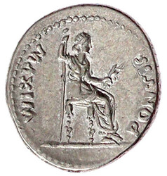 Denar 14/37, Lugdunum. Belorb. Kopf r./PONTIF MAXIM. Livia sitzt r., ...