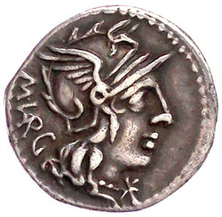 Denar 130 v.Chr. M VARG. Romakopf mit Greifenkopfhelm n.r./Jupiter ...