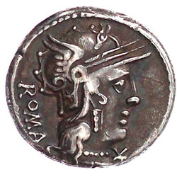 Denar 127 v. Chr. ROMA. Beh. Romakopf r./M. METELLVS. Q.F um makedon. ...