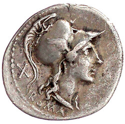Denar, ca. 115 v. Chr. ROMA X. Behelmter Romakopf r./Roma sitzt auf ...