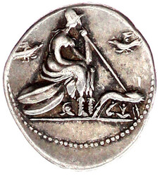 Denar, ca. 115 v. Chr. ROMA X. Behelmter Romakopf r./Roma sitzt auf ...