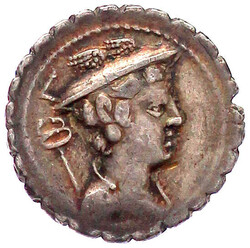 Denar Serratus 82/81 v.Chr. Büste des Merkur mit Hut und Caduceus, ...