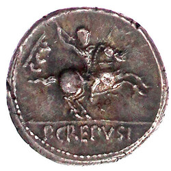 Denar 82 v. Chr. Apollokopf r. /P. CREPVSI. Reiter r. 3,82 g. ...