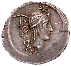Denar 45 v. Chr. Apollokopf r. mit Haarband, darüber Stern, ...