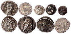 9 Silbermünzen: 3 Drachmen der Parther, Tarent Diobol, 2 Drachmen ...