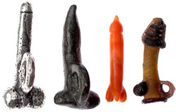 4 versch. Phallus-Amulette der Kaiserzeit: Bronze, Silber, Glas und ...