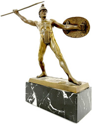 Bronzeskupltur eines antiken Kriegers mit Schild und Speer, um 1910. ...