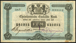 Christianstads Enskilda Bank, 5 Kronor 1875. III