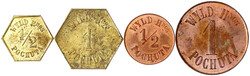 4 Tokens: 1/2 und 1 Real Bronze rund und 1/2 und 1 Real Messing ...