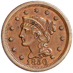 Kupfer Cent 1850. Braided Hair. sehr schön/vorzüglich, zaponiert