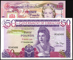Government of Gibraltar, 7 Scheine zu 2x 1, 2x 5, 10, 20 u. 50 Pounds ...