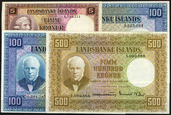 Landsbanki Islands, 5, 2x 100 u. 500 Kronur 15.4.1928. II / II-