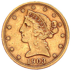 5 Dollars 1903 S, San Francisco. Coronet Head. 8,30 g. 900/1000. sehr ...