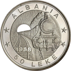 50 Leke Eisenbahn mit Tunnelloch 1988. 5 Unzen Silber. Mit Zertifikat ...