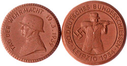4 braune Porzellanmedaillen: Bundesschiessen Leipzig 1934, Deutscher ...
