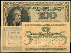Polska Krajowa Kasa Pozyczkowa, 1, 5, 100 u. 1000 Marka 1919. III / ...
