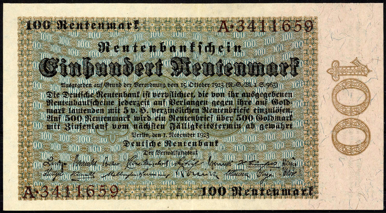 100 Rentenmark 1.11.1923. Serie A. II+, leichter Mittelknick