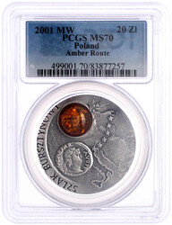 20 Zlotych Silber (mit eingesetztem Bernstein) 2001. Bernsteinstraße ...