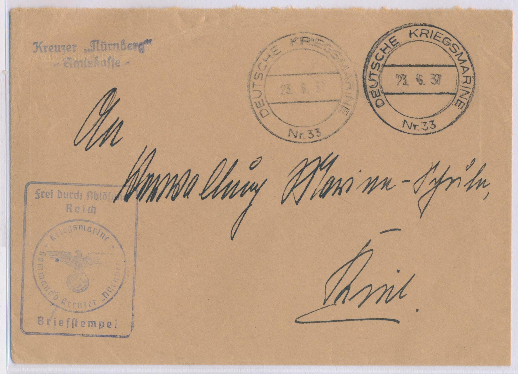Stempel Deutsche Kriegsmarine Nr. 33 23.6.37 auf Dienstbrief "Frei ...