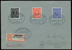 Einschreibbrief mit 2, 8 und 75 Pf. Ziffer, Bahnpoststempel Frankfurt ...