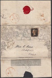 1840 1d Mulready Lettersheet plus 1d Black adhesive, tied by red MC ...