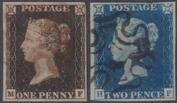 1840 1d Black (plate 1a, MF) & 2d blue (HF, plate 2); both 4 good ...