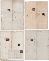 1840 1d Black x 5 on entires (plate 1b CJ, plate 4 JB, plate 4 MD, ...