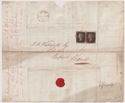 1840 1d Black (plate 1b, J-C,D) horiz pair on entire, 4 margins, red ...