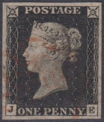 1840 1d Black (plate 2, JE), 4 good margins, light red MC cancel. SG ...