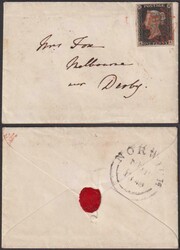 1840 1d Black (plate 2, KA), 4 good margins on small envelope (letter ...