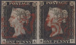 1840 1d Black horiz pair (plate 2, RA-RB), full margins, close in ...