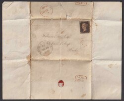 1840 1d Black (plate 2, SJ), 4 margins (close at left) on entire tied ...