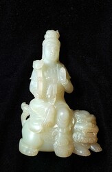 Miscellaneous. Jade and Gold Jewelry. A white jade statue of Guanyin ...