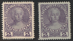 Österr. Nr. 140 P (2 H KFJ 1908) - 2 gez. Farbproben, auf dünnem ...