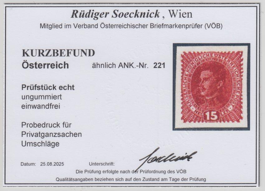 Österreich, 1917, ähnlich 221, Probedruck für ...