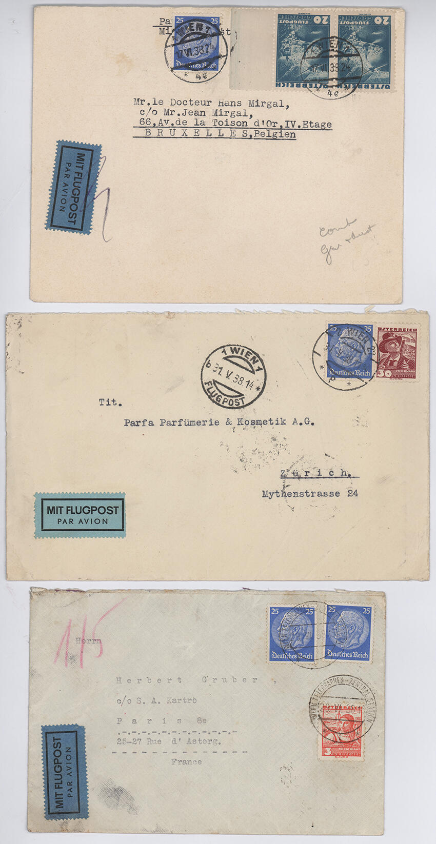 Ostmark, 1938, Flugpost:Drei schöne Briefe mit Pfg / Groschen ...