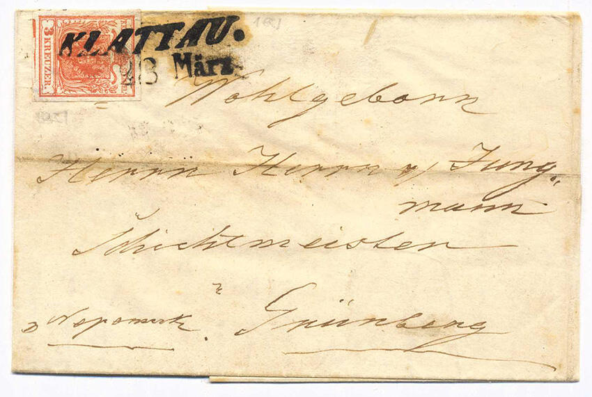 Österreich, 1850, Böhmen, KLATTAU, 12 p, kompletter, klarer Stempel ...