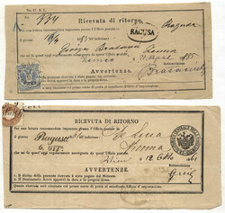 Österreich, 1861/85, Dalmatien, RAGUSA, zwei Retourrecepissen, ...