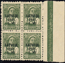 Lettland, 1941, 20k schwarzgelbgrün in postr. Randviererblock auf ...