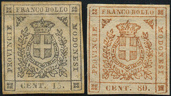 Modena, 1859, 14 + 15, 15 c. + 80 c., Wappen von Savoyen, Buchdruck, ...