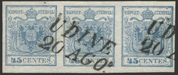 Lombardei & Venetien, 1850, UDINE, waagrechter Dreierstreifen 5 H I ...