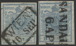 Österreich, 1850, zwei Werte 5 H I, Magistris P 115 mit markantem ...
