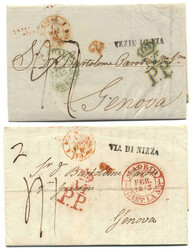 Spanien / Italien, 1843, MADRID - GENUA, zwei dekoratvie Portobriefe ...